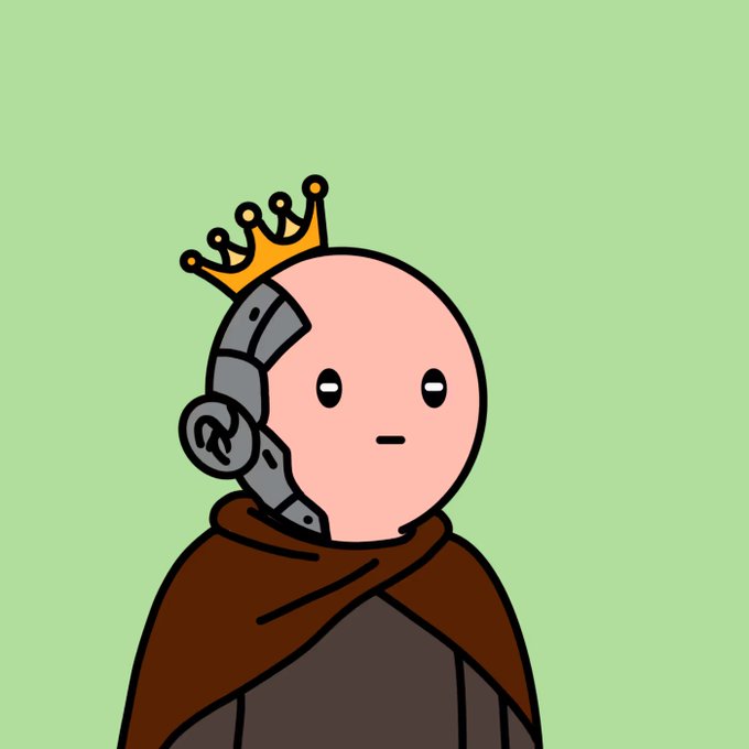 A cartoon illustration of a bald figure wearing a small gold crown, grey headpiece, and brown cloak against a green background.