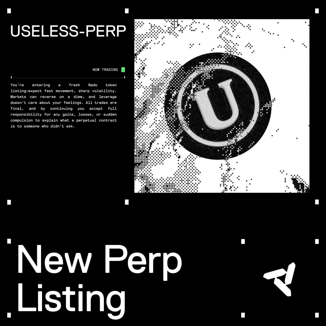 A promotional graphic for the $USELESS perpetual contract listing, featuring a black-and-white halftone "U" coin logo alongside the "USELESS-PERP" ticker, a "NOW TRADING" status indicator with a disclaimer about volatility and leverage, and large "New Perp Listing" text with a paper airplane icon. The bold "USELESS-PERP" branding and halftone coin directly reinforce the announcement of the new $USELESS perpetual contract with up to 3x leverage.
