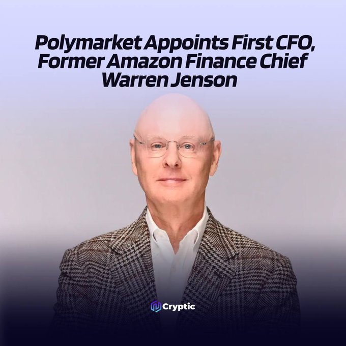 A headshot of Warren Jenson, a bald man with glasses wearing a checkered blazer and white shirt, featured beneath the headline "Polymarket Appoints First CFO, Former Amazon Finance Chief Warren Jenson," with a "Cryptic" watermark at the bottom, illustrating the news of his appointment as Polymarket's first-ever CFO.