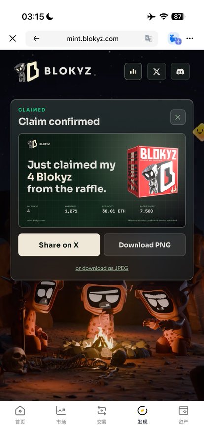 A screenshot from mint.blokyz.com showing a "Claim confirmed" popup for 4 Blokyz NFTs from a raffle, with stats including 1,271 entries, a 38.01 ETH jackpot, and 7,500 raffle supply. The image serves as visual proof of the user's successful claim mentioned in the post, validating their split-account strategy with 50 accounts at 0.6E.