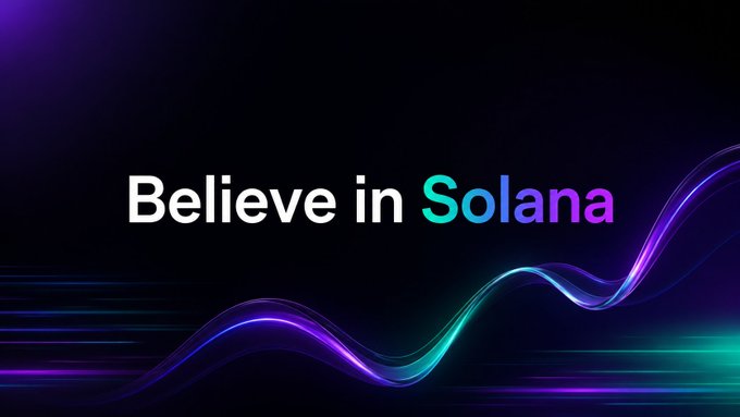 The image features a large graphic design with a black background, featuring a wave-like pattern of purple and blue colors that appear to be moving across the frame. The text "Believe in Solana!" is written above this wave-like pattern, which is positioned at the top center of the image. This design effectively conveys the message of Believing in Solana with its visually striking and dynamic representation of a wave.