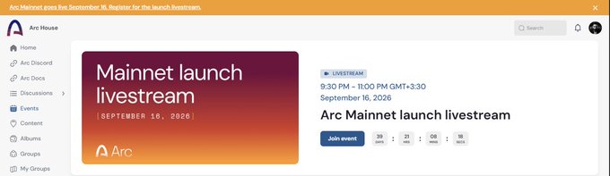 A promotional banner for the Arc Mainnet launch livestream on September 18, 2026, displayed on the Arc House community platform, with a countdown showing 39 days, 21 hours, 8 minutes, and 18 seconds remaining and a blue "Join event" button. The image visually represents the registration opportunity highlighted in the post, where users can earn 20 points.