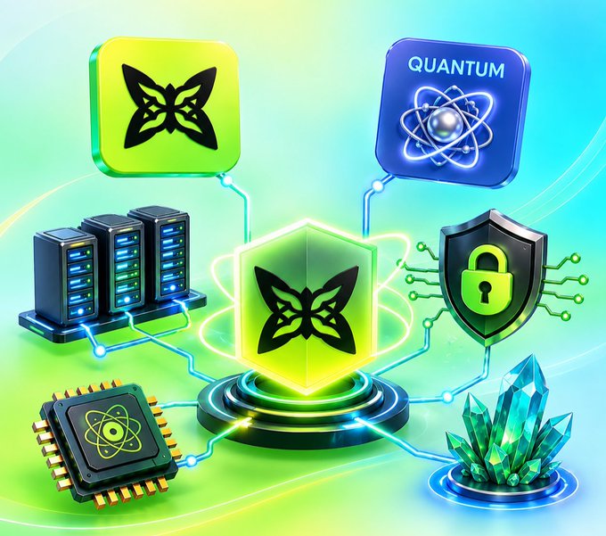 A stylized 3D illustration showing a central glowing green butterfly logo (Quip) connected to server racks, a quantum atom chip, a "QUANTUM" atomic icon, a security shield with a padlock, and green crystal clusters—all linked by energy lines to symbolize quantum-resistant security and decentralized infrastructure. The image visually reinforces the post's theme of preparing cryptography for a quantum future through the QUIP Network.
