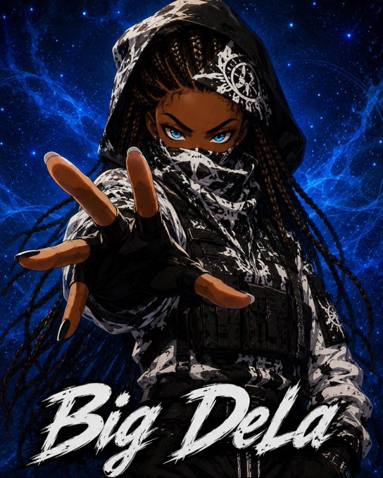 A stylized illustration of a hooded figure with braided hair, blue eyes, and a tactical mask reaching forward against a cosmic starry background, featuring the text "Big Dela" in bold white brushstroke lettering at the bottom — fitting the "GM CT" post as a bold, empowering profile-style avatar promoting the name.