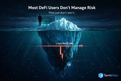 An iceberg graphic with the headline "Most DeFi Users Don't Manage Risk," showing a figure on top and the word "LIQUIDATION" underwater alongside TermMax's logo. The image visually reinforces the post's point that TermMax integrates senior tranches like stcUSD and syrupUSDC to help users borrow up to 1M USDC while managing hidden DeFi risks.