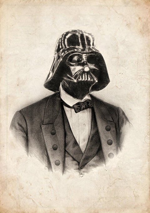 A vintage-style portrait of Darth Vader dressed in a 19th-century gentleman's suit with a bowtie, rendered in sepia tones. The image humorously reimagines the Star Wars villain as a historical figure, fitting the post's Lincoln-esque "Four scores" reference suggesting a parody of Abraham Lincoln's Gettysburg Address applied to the Litecoin blockchain.