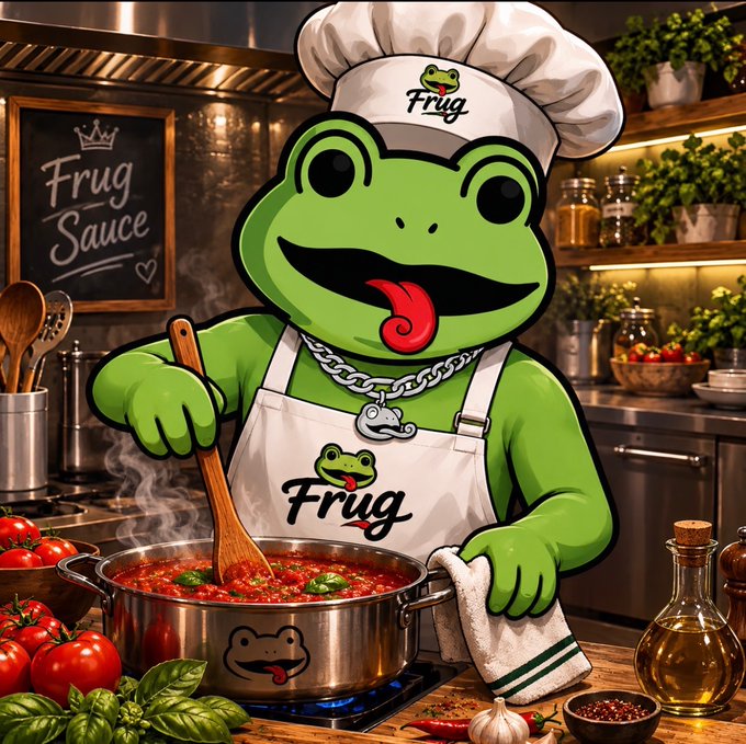 An illustration shows a cartoon green frog wearing a chef's hat and apron branded 'Frug', stirring a pot of red sauce in a kitchen setting.