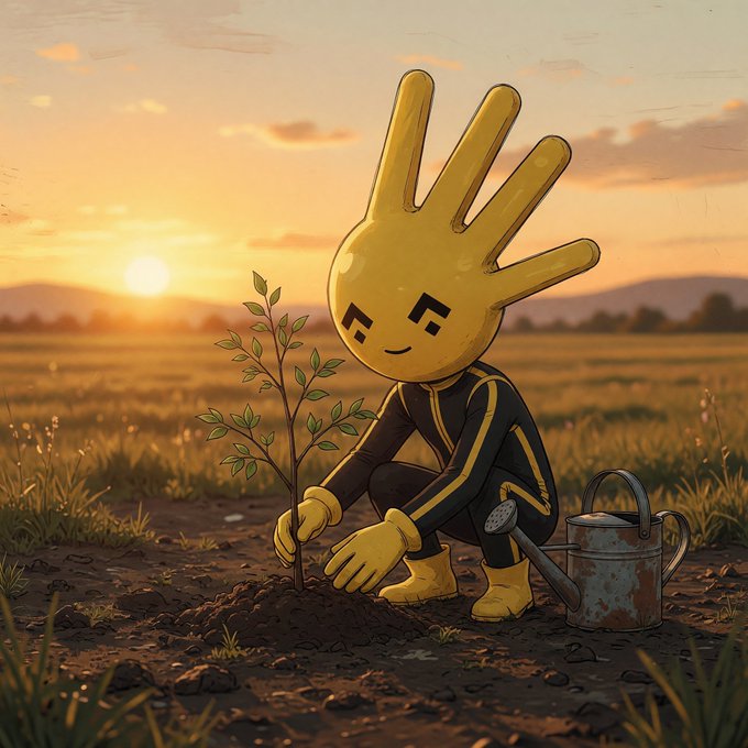 An illustration shows a yellow hand-shaped cartoon character with a smiling face, wearing a black and yellow bodysuit, crouching in a field at sunset to plant a small green sapling next to a rusted watering can.
