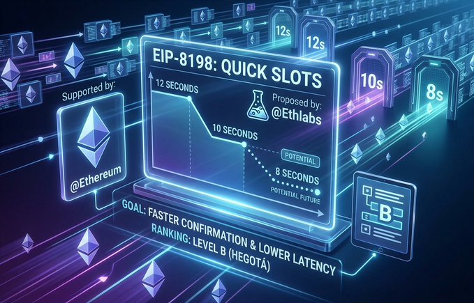 A digital infographic titled "EIP-8198: QUICK SLOTS" details an Ethereum improvement proposal, noting it is "Supported by: @Ethereum" and "Proposed by: @Ethlabs," with a goal of "FASTER CONFIRMATION & LOWER LATENCY."