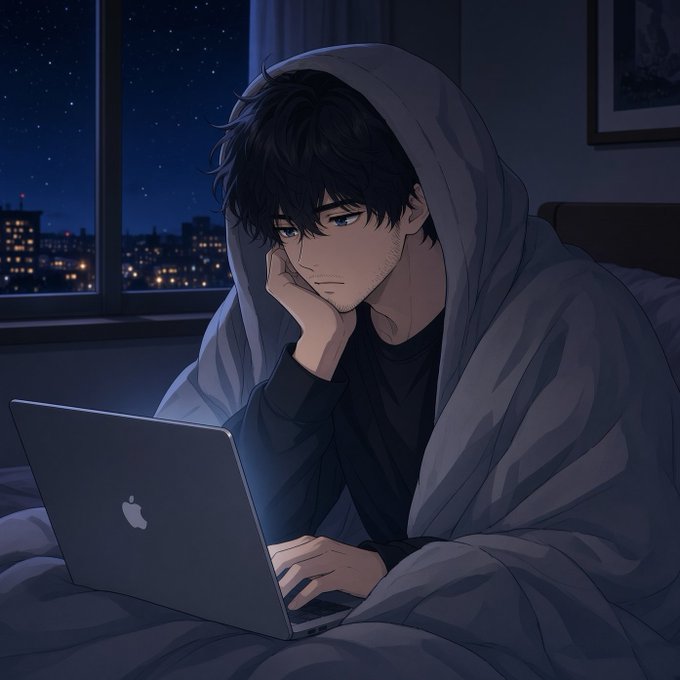 An anime-style illustration of a dark-haired young man wearing a hooded sweatshirt, sitting in bed at night while using a MacBook laptop, with a city skyline visible through the window.