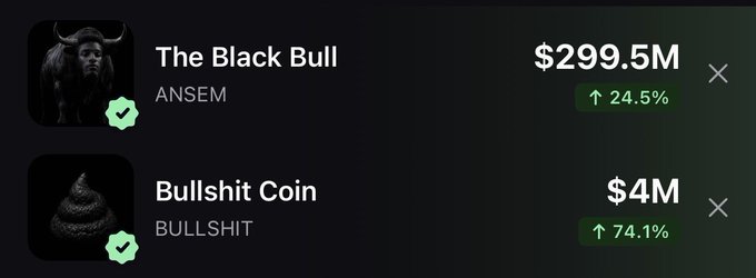 A trading interface displays "The Black Bull" (ANSEM) at a $299.5M market cap with a 24.5% gain, and "Bullshit Coin" (BULLSHIT) at $4M with a 74.1% increase, illustrating the meme coin's rapid growth alongside Ansem's flagship token as referenced in the post's bullish thesis.