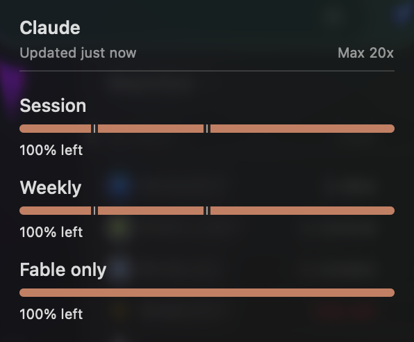 A Claude app usage screen displays session limits with progress bars for Session, Weekly, and Fable only categories, all showing '100% left' and 'Max 20x'.
