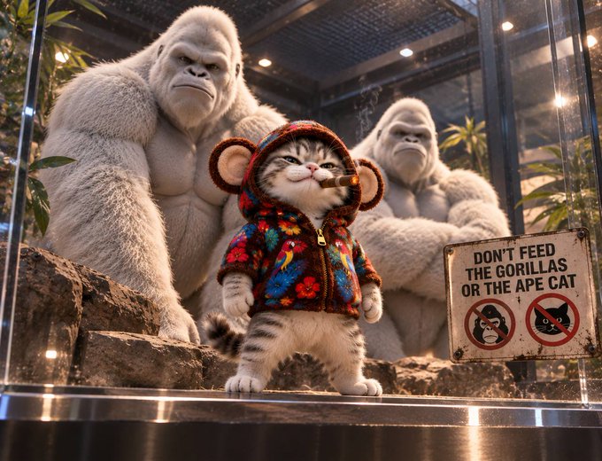 A cat wearing a colorful floral hoodie standing in front of two large gorillas behind glass, with a sign reading 'DON'T FEED THE GORILLAS OR THE APE CAT'.