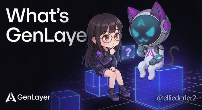 The image features a girl sitting next to a robot cat, both of them wearing glasses. The text "What's GenLayer" is written above the girl, while the robot cat has a caption that reads "A robot cat with purple ears sits on a blue cube."