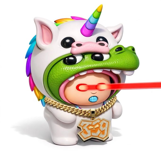 A 3D-rendered figure of a small character wearing a unicorn-crocodile hybrid costume with a rainbow horn, mane, and golden chain necklace featuring an "XXX" pendant, emitting red laser beams from its eyes.