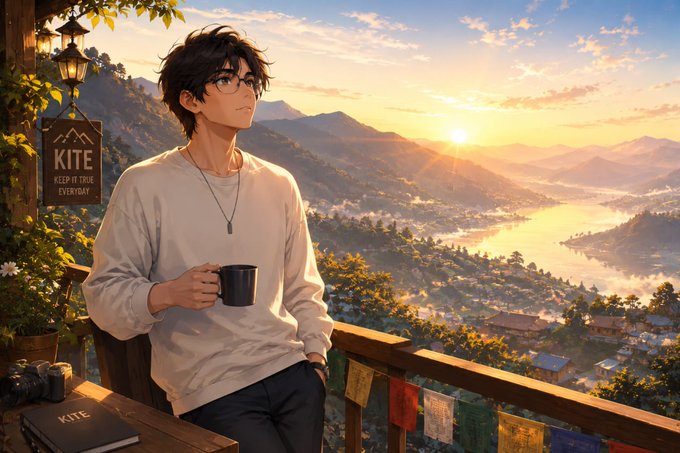 An anime-style illustration shows a dark-haired young man holding a mug on a balcony overlooking a mountainous landscape at sunset, with a sign reading 'KITE KEEP IT TRUE EVERYDAY' and prayer flags nearby.