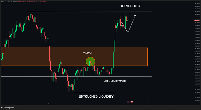 A Bitcoin (BTCUSDT) trading chart annotated with key liquidity zones including "OPEN LIQUIDITY," "FAKEOUT," "LOSE + LIQUIDITY SWEEP," and "UNTOUCHED LIQUIDITY," highlighting a potential upward price target.