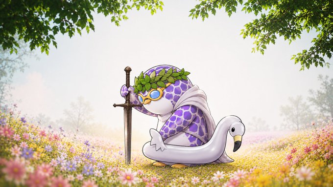 The image features a cartoon character, possibly a frog or a bird, sitting in a field of flowers with a sword in its hand. The character appears to be wearing glasses and has a purple outfit. There are also some flowers visible around the character. The background is filled with trees, adding depth to the scene. The post reads "gm good morning frens happy thursday. yesterday xoob campaign was ended. now i will start @NomismaNetwork × @useTria have a good & productive day". This message seems to be related to the cartoon character and its surroundings in some way, possibly as part of an advertisement or promotion for a product or service.