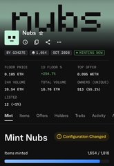 A minting page for the 'Nubs' NFT project showing a floor price of 0.108 ETH, a total volume of 16.76 ETH, and 1,818 minted out of 1,818 total items.