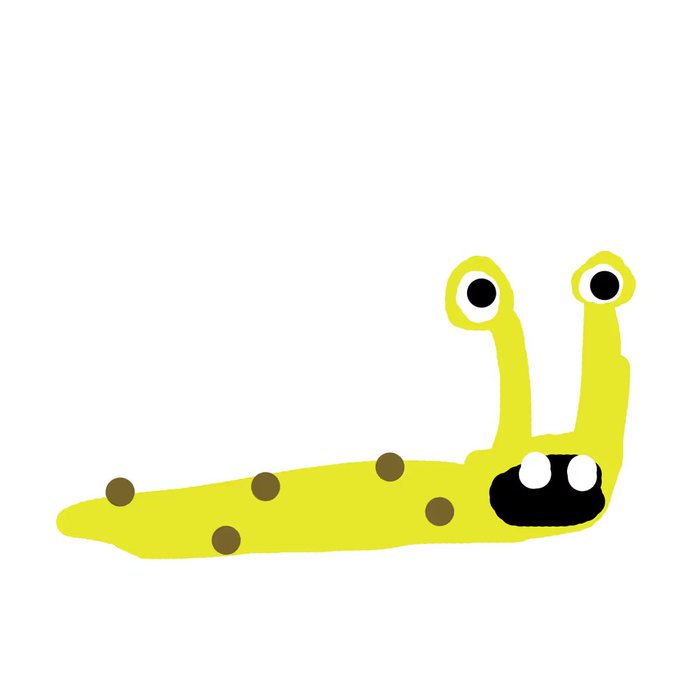 A simple yellow cartoon slug character with two eyes on stalks, a black smiling mouth, and brown spots along its body is drawn on a white background.