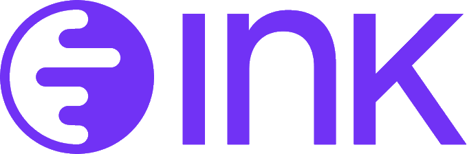 The logo for 'ink' is displayed in purple, featuring a stylized 'i' with circuit-like horizontal lines inside a circular emblem.