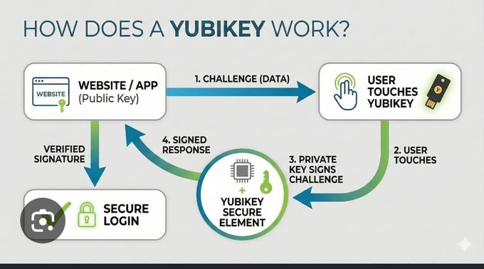 An infographic titled 'HOW DOES A YUBIKEY WORK?' illustrates a four-step authentication process between a website, user, and the Yubikey secure element.