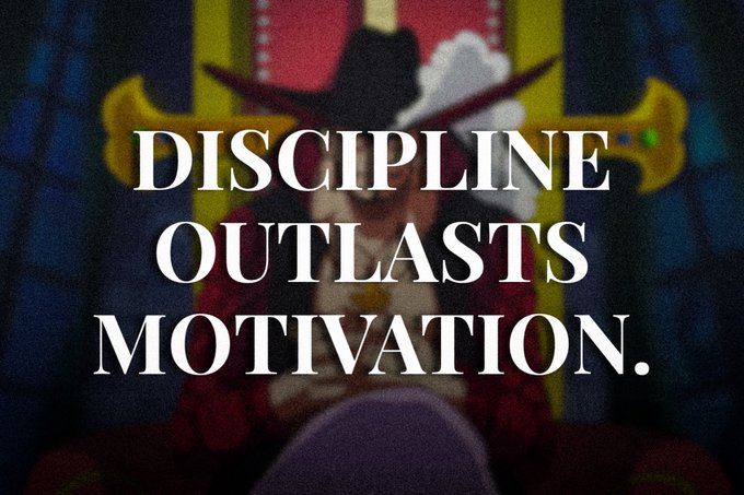 The image features the bold motivational quote "DISCIPLINE OUTLASTS MOTIVATION." overlaid on a blurred background of an anime character wearing a cowboy hat. The quote's message of perseverance aligns with the "gm people of Solana" post, reinforcing a theme of long-term commitment and grit in the crypto community.