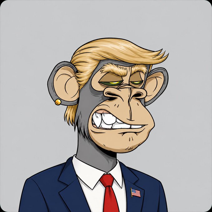 A cartoon illustration of a Bored Ape NFT character with blonde hair, dressed in a navy suit, red tie, and an American flag lapel pin.