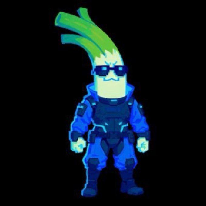 A cartoon leek character wearing sunglasses and a glowing blue tactical suit stands confidently against a black background, symbolizing the cryptocurrency's rapid price surge from $1.3M to $2.1M as the leaker promotes it with promises of GTA 6 content.