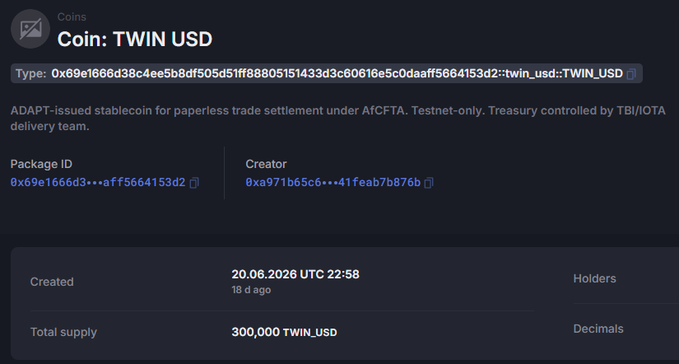 A dark-themed cryptocurrency information page for 'Coin: TWIN USD', described as an ADAPT-issued stablecoin for paperless trade settlement under AfCFTA (Testnet-only), with a total supply of 300,000 TWIN_USD created on 20.06.2026.