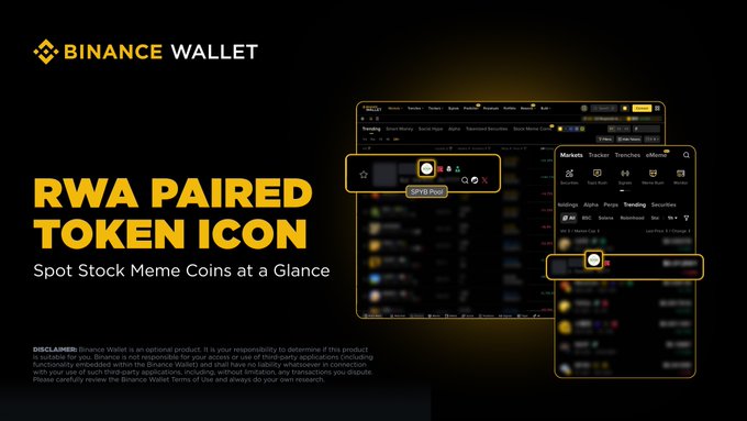 A Binance Wallet promotional graphic titled "RWA PAIRED TOKEN ICON" with the tagline "Spot Stock Meme Coins at a Glance," showing screenshots of the Trending and Meme Rush tabs where tokens like $NVDA Pop, $TSLA, $AAPL, $AMZN, $META, and $SPY are tagged with a new SPVD Pop icon. The visual highlights the new dedicated icon feature that flags RWA-paired meme coins across the platform's interface.