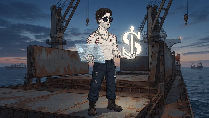 A stylized figure wearing sunglasses stands on a rusted cargo ship deck at dusk, holding a glowing tablet in one hand and a luminous dollar sign in the other, with cranes and distant container vessels framing the scene. The image visually echoes the post's theme of maritime shipping operations being tokenized, highlighting @EthraShip's onchain approach to shipping and the Ethra Invest dry bulk focus.