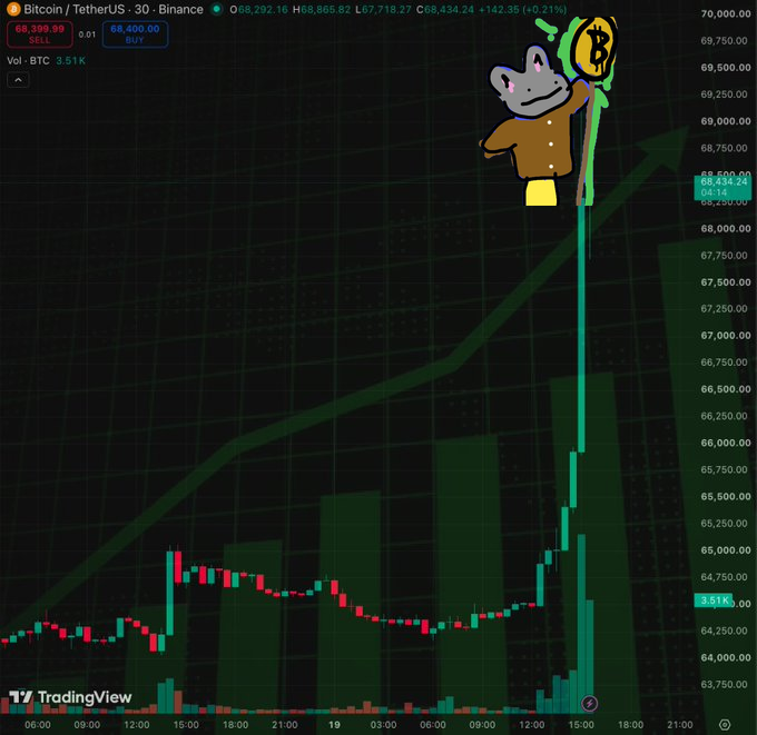 A TradingView Bitcoin/TetherUS chart on Binance showing BTC price around $68,399 with an upward trend and an animated cartoon rat holding a Bitcoin sign.