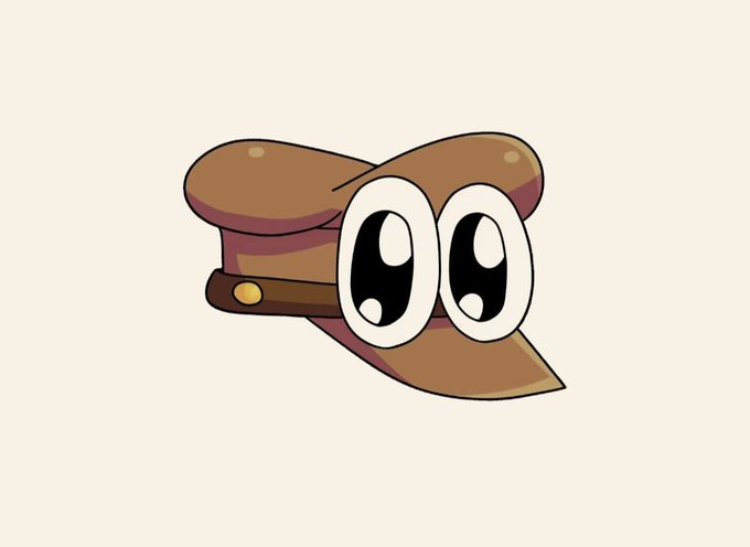 A cartoon illustration of a brown hat with large, expressive eyes and a leather strap against a cream background.