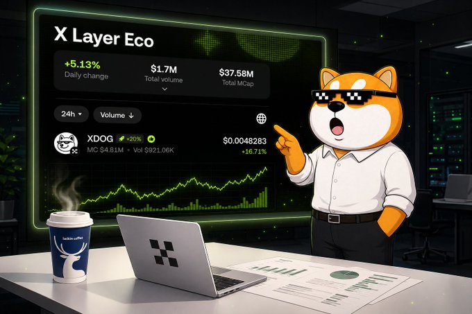 A cartoon Shiba Inu wearing pixelated sunglasses points excitedly at a glowing dashboard displaying "X Layer Eco" metrics, including a +5.13% daily change, $1.7M total volume, and $37.58M market cap. The dashboard highlights "$XDOG" with a 24h volume of $921.06K and a price of $0.004828 (+16.71%), visually reinforcing the post's claim that $XDOG accounts for over half of XLayer ecosystem's 24H trading volume.