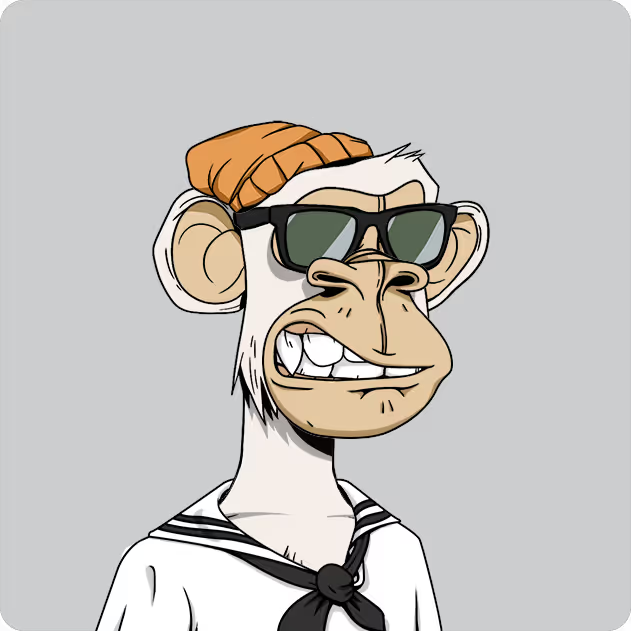 A cartoon illustration of a monkey with a smirk, wearing sunglasses, an orange beanie, and a sailor outfit with a black neckerchief.