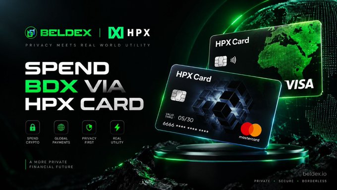 Promotional graphic for 'BELDEX | HPX' featuring two 'HPX Card' debit cards (Visa and Mastercard) with the tagline 'SPEND BDX VIA HPX CARD' and features: 'SPEND CRYPTO', 'GLOBAL PAYMENTS', 'PRIVACY FIRST', 'REAL UTILITY'.