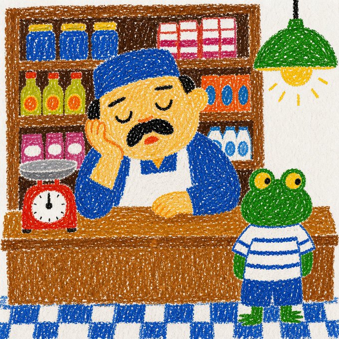 A crayon-style illustration of a mustachioed shopkeeper with closed eyes and a tired expression, leaning on his counter next to a scale, while a small green frog in a striped shirt stands before him.