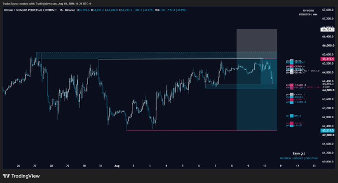 A TradingView chart of Bitcoin on the Binance PERPETUAL CONTRACT (1h timeframe), created by TraderZayn on Aug 10, 2026, showing BTCUSD at around 64,239 with various price levels and order blocks marked.