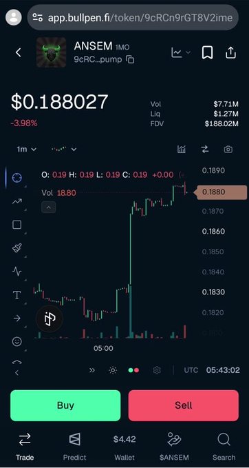 A screenshot of a cryptocurrency trading app showing the 'ANSEM' token ($ANSEM) with a price of $0.188027 on the bullpen.fi platform, with Buy and Sell buttons.