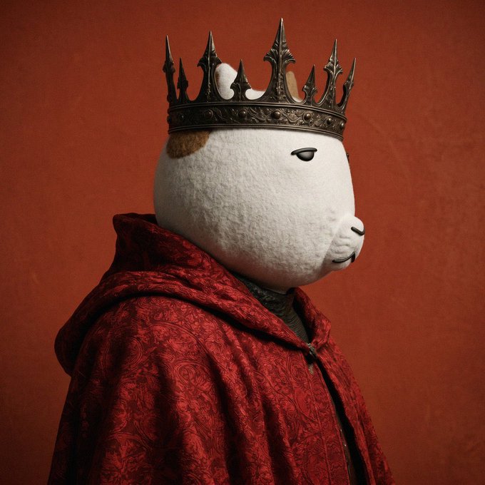 A regal figure with a fluffy white lamb-like head wearing an ornate dark metal crown and a richly patterned red velvet cloak stands against a burnt orange backdrop, evoking a portrait of royalty. The image aligns with the post's theme of two top-rated Solana memecoins by visually representing the second "king" pick ($JIMOTHY) as a noble sovereign worthy of the crown.
