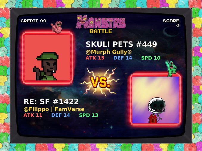 The image shows a video game screen with two characters from Monster Wars, Skuli Pets #49 and Skuli Pets #479, engaged in an intense battle. Both characters are fighting for dominance over the leaderboard or trying to survive against the odds. The background of the image is filled with colorful shapes resembling skulls and other monster-related elements.