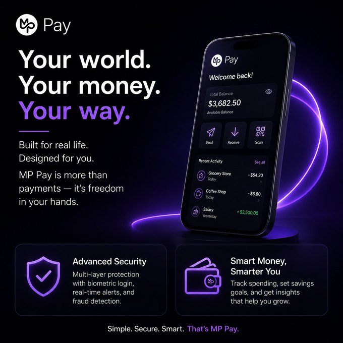 The image is a promotional graphic for "MP Pay," a mobile payment app, featuring the tagline "Your world. Your money. Your way." and displaying a smartphone mockup of the app interface showing a total balance of $3,682.50, recent transactions (Grocery Store -$54.20, Coffee Shop -$6.80, Salary +$2,500.00), and action buttons for Send, Receive, and Scan. Below the phone are two feature highlights: "Advanced Security" with multi-layer protection, biometric login, real-time alerts, and fraud detection, and "Smart Money, Smarter You" for tracking spending, setting savings goals, and getting insights, ending with the tagline "Simple. Secure. Smart. That's MP Pay." The image directly supports the post by visually showcasing MP Pay's emphasis on security and smart money tools that give users peace of mind and financial control.