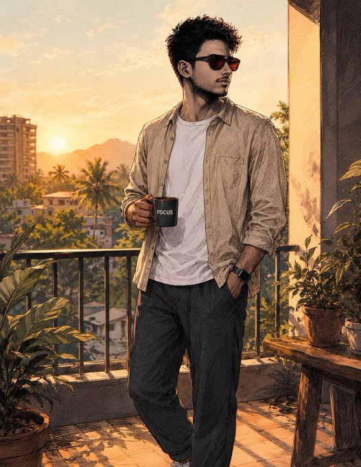 An illustrated young man wearing sunglasses and a tan shirt holds a mug labeled 'FOCUS' while standing on a balcony overlooking a sunset cityscape.