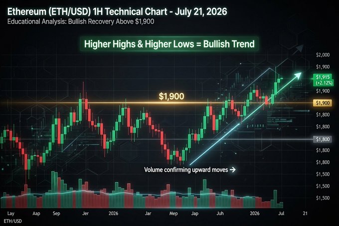 An educational Ethereum (ETH/USD) 1H technical chart from July 21, 2026, showing a bullish recovery above $1,900 with the price at $1,915 (+2.12%), demonstrating 'Higher Highs & Higher Lows = Bullish Trend' with volume confirmation.