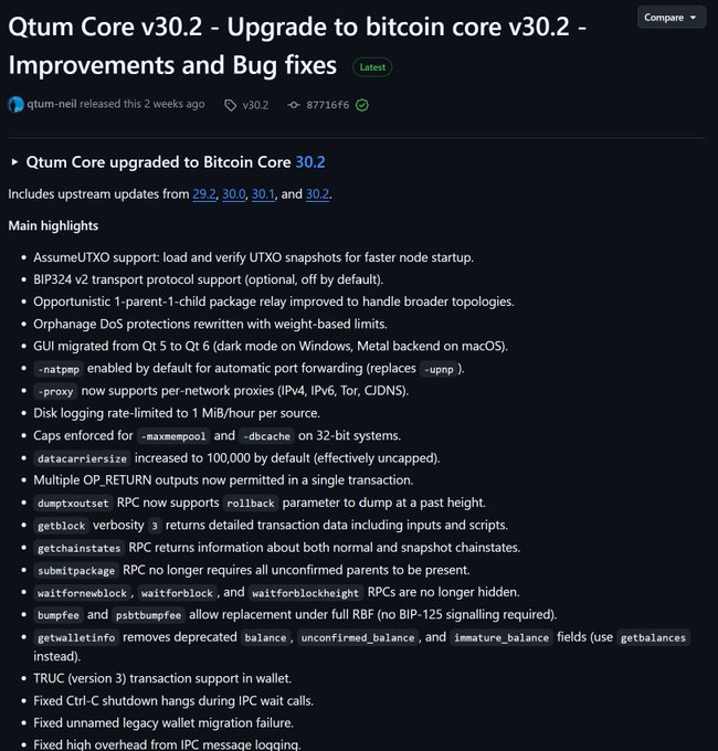GitHub release page for 'Qtum Core v30.2 - Upgrade to bitcoin core v30.2' highlighting improvements and bug fixes, including BIP324 v2 transport protocol, GUI migration from Qt5 to Qt6, and various RPC enhancements.