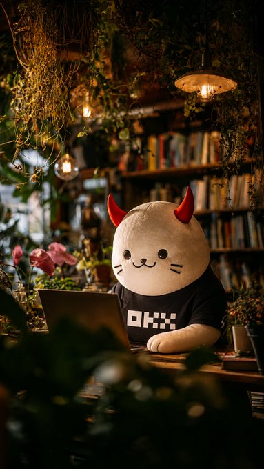 A plush cat mascot with red devil horns wearing a black 'OKX' t-shirt sits at a laptop in a cozy, plant-filled room with bookshelves and warm hanging lights.