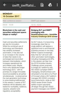 The image shows two calendar notifications dated October 16, 2017, referencing a SWIFT conference featuring presentations on blockchain in finance by SWIFT's CTO and Deloitte's Bridging DLT and SWIFT, which relates to the post by highlighting how SWIFT—a financial messaging giant—recognized blockchain and distributed ledger technology as significant a decade ago, foreshadowing Chainlink's now-production oracle solutions bridging traditional finance (like SWIFT) with blockchain systems.