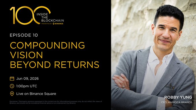 The image features a man wearing a suit standing against a wall with his arms crossed, smiling at the camera. The text "Inside the Chain" is displayed above him, along with an event title that reads "Compound Vision Beyond Returns". The image also includes a link to a website for an event called "Blockchain 100", which appears to be a discussion on AI and digital ownership in the context of blockchain technology.