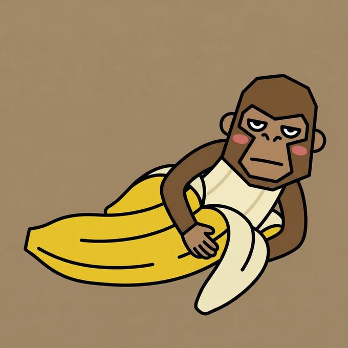The image features a cartoon monkey sitting on top of a banana with its arms and legs spread out. The monkey appears to be making a face or showing an expression that could be interpreted as angry, possibly due to being stuck on the banana. This scene is set against a brown background, which further emphasizes the cartoon nature of the monkey's appearance.

The image also includes text that reads "There are currently three types of people in the market: Those who think the bear market isn't over yet, staying bearish down to 30,000-40,000 or even further; Those who think the bull run is coming soon, but expect one last drop, waiting to jump in after it falls; Those". This text seems to be related to a discussion about the stock market and could be interpreted as an opinion piece or commentary on current events.